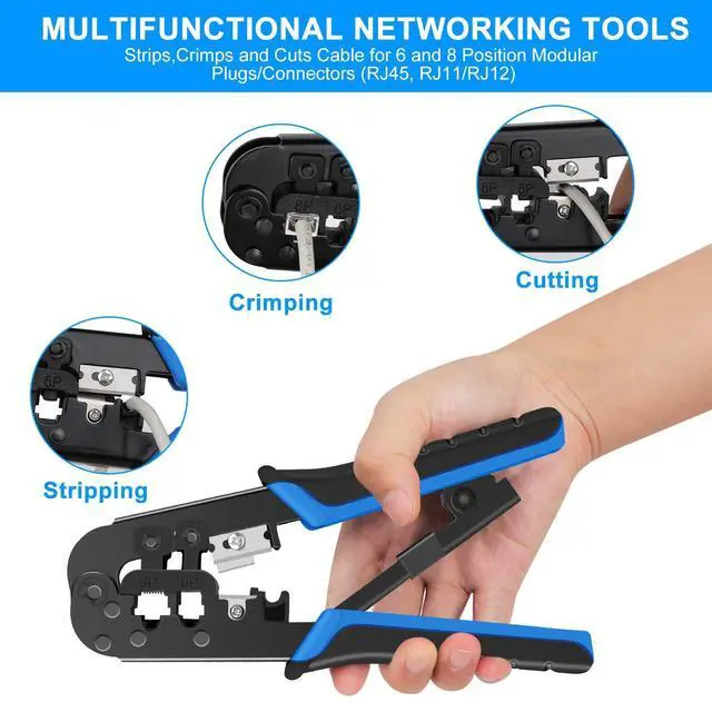 Alt view image 2 of 7 - KEHIPI RJ45 Crimping Tool Kit Ethernet Crimp Set, RJ-11, 6P/RJ-12, 8P/RJ-45 Crimp, Cut and Strip with 20PCS CAT5 CAT5e Connectors, Covers,1 Network Cable Tester 1 Wire Stripper