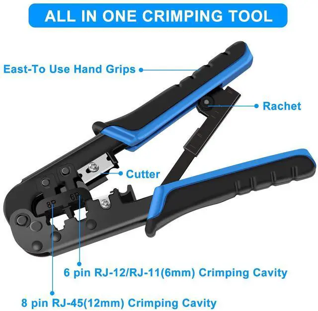 Alt view image 3 of 7 - KEHIPI RJ45 Crimping Tool Kit Ethernet Crimp Set, RJ-11, 6P/RJ-12, 8P/RJ-45 Crimp, Cut and Strip with 20PCS CAT5 CAT5e Connectors, Covers,1 Network Cable Tester 1 Wire Stripper