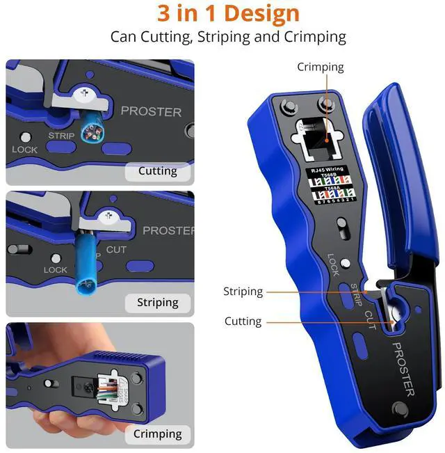 Alt view image 2 of 7 - KEHIPI RJ45 Crimper Tool - Stripper Cutter Crimper Tool for RJ45 Cat6 Cat5 Cat5e Pass-Thru Connectors with 50pcs Cat6 Pass Through Connectors & Protection Covers, 1pcs Wire Stripper