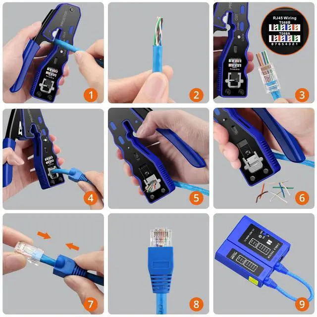 Alt view image 4 of 7 - KEHIPI RJ45 Crimper Tool - Stripper Cutter Crimper Tool for RJ45 Cat6 Cat5 Cat5e Pass-Thru Connectors with 50pcs Cat6 Pass Through Connectors & Protection Covers, 1pcs Wire Stripper