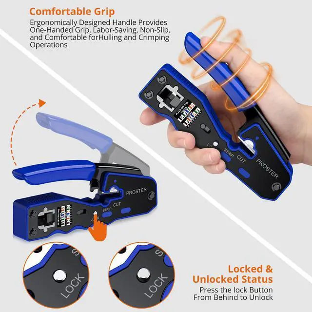 Alt view image 6 of 7 - KEHIPI RJ45 Crimper Tool - Stripper Cutter Crimper Tool for RJ45 Cat6 Cat5 Cat5e Pass-Thru Connectors with 50pcs Cat6 Pass Through Connectors & Protection Covers, 1pcs Wire Stripper