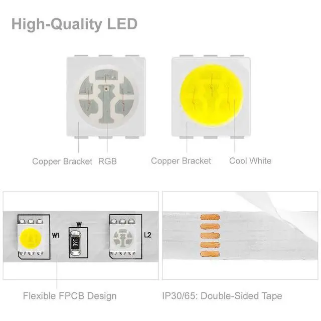 Alt view image 2 of 6 - KEHIPI 5050 RGBW RGB+Cool White(6000K-7000K) 150RGB+150White LED Tape Light 5m 16.4ft 60LED/m Multi-Colored IP65 10mm Width FPCB DC12V for Bedroom Home Decoration(No Adapter or Controller)