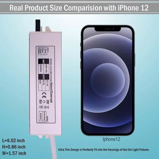 Alt view image 2 of 7 - KEHIPI  12V LED Power Supply 60W Low Voltage Transformer Adapter,Ultra Thin Design AC90-130V to DC12V 5A 60 Watts LED Driver Waterproof IP67 for Indoor and Outdoor LED Lights Use