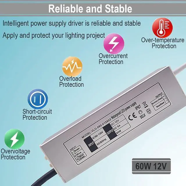 Alt view image 5 of 7 - KEHIPI  12V LED Power Supply 60W Low Voltage Transformer Adapter,Ultra Thin Design AC90-130V to DC12V 5A 60 Watts LED Driver Waterproof IP67 for Indoor and Outdoor LED Lights Use