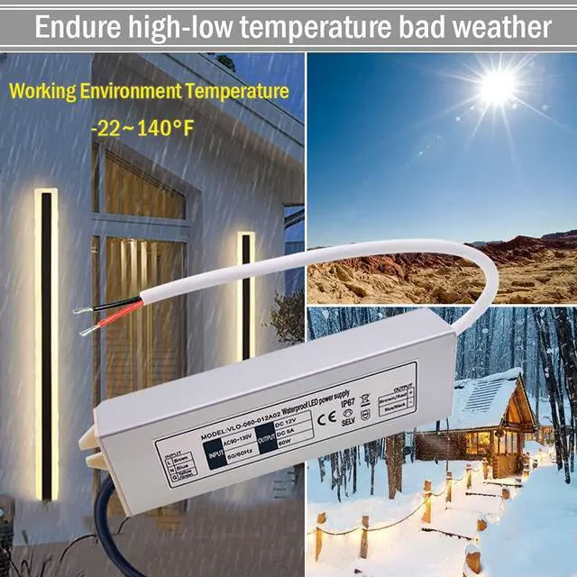 Alt view image 6 of 7 - KEHIPI  12V LED Power Supply 60W Low Voltage Transformer Adapter,Ultra Thin Design AC90-130V to DC12V 5A 60 Watts LED Driver Waterproof IP67 for Indoor and Outdoor LED Lights Use