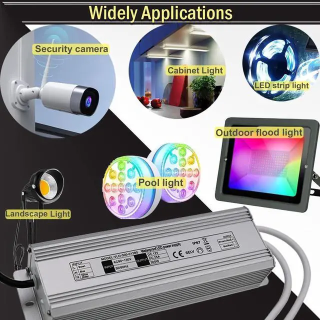 Alt view image 4 of 6 - KEHIPI  12V LED Power Supply 300W Low Voltage Transformer Adapter,AC100-130V to DC12V 25A 300 Watts LED Driver Waterproof IP67 for Indoor and Outdoor LED Lights Use