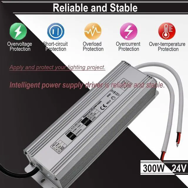 Alt view image 2 of 6 - KEHIPI 24V LED Power Supply 300W Low Voltage Transformer Adapter,AC100-130V to DC24V 12.5A 300 Watts LED Driver Waterproof IP67 for Indoor and Outdoor LED Lights Use