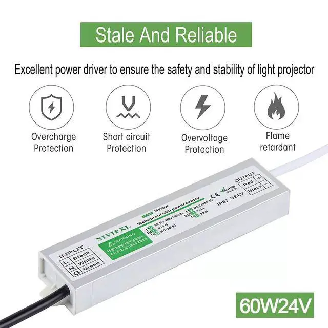 Alt view image 2 of 6 - KEHIPI LED Driver 60W Waterproof IP67 Power Supply, 24V Transformer 90V-260V AC to DC for Strip Lights, Constant Voltage Products (1)