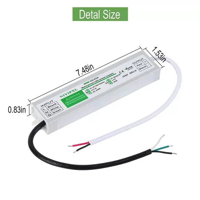 Alt view image 6 of 6 - KEHIPI LED Driver 60W Waterproof IP67 Power Supply, 24V Transformer 90V-260V AC to DC for Strip Lights, Constant Voltage Products (1)