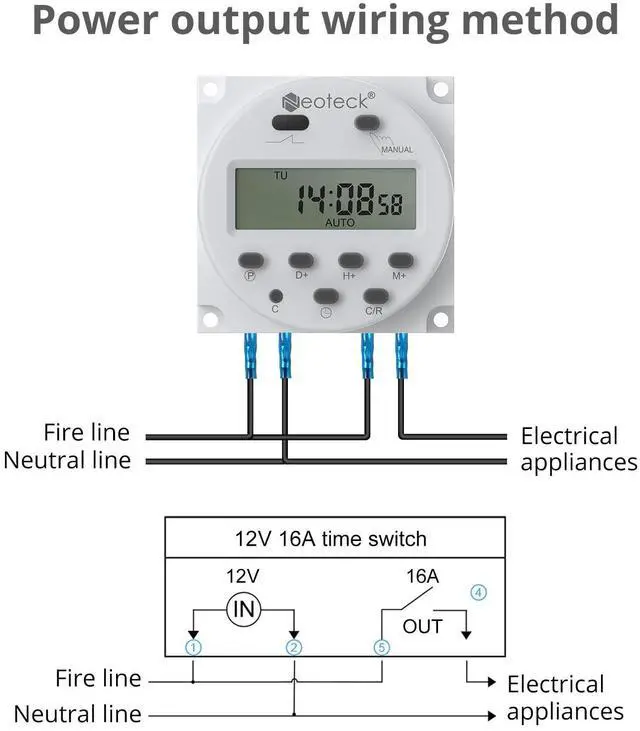 Alt view image 5 of 6 - KEHIPI DC 12V/16A Digital Timer Switch 7 Day Time Relay Programmable Timer Switch with Wire Connectors and Waterproof Cover for Lights, Fans, Motors (2)