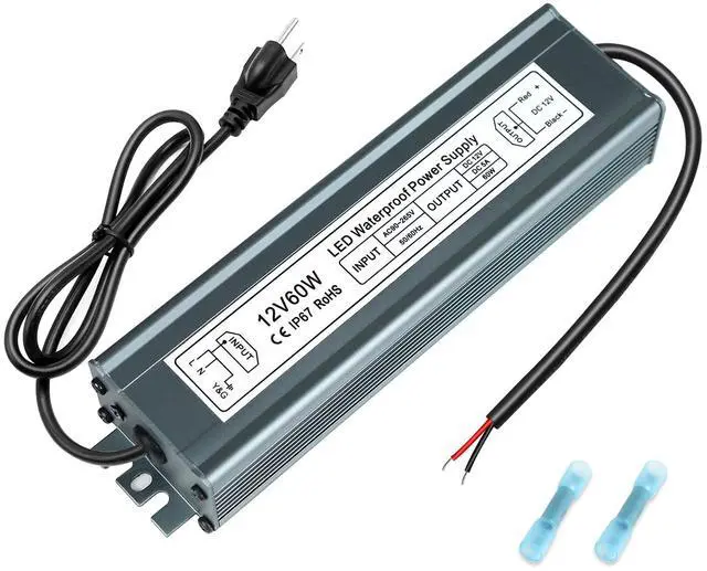 Main image of KEHIPI 12V 60W Power Supply, LED Driver AC 90-265V to DC 12 Volt 5A IP67 Waterproof, Low Voltage Transformer, Outdoor Driver with 3-Prong Plug 3.3 Feet Cable for LED Light, Outdoor Use