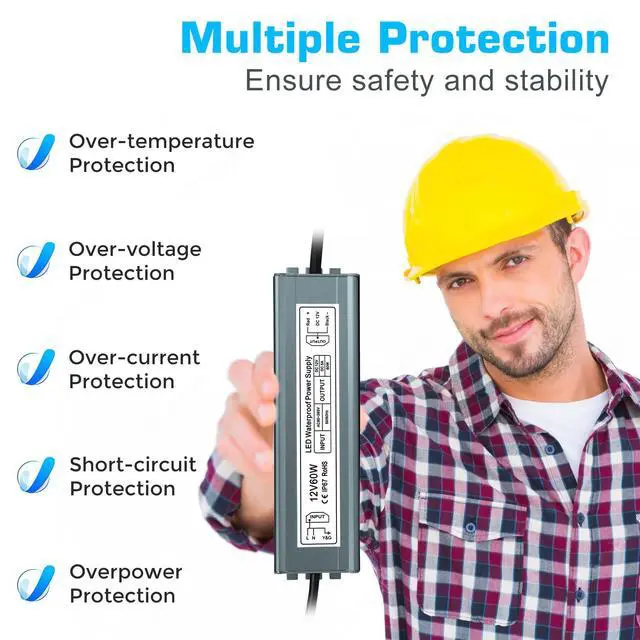 Alt view image 2 of 7 - KEHIPI 12V 60W Power Supply, LED Driver AC 90-265V to DC 12 Volt 5A IP67 Waterproof, Low Voltage Transformer, Outdoor Driver with 3-Prong Plug 3.3 Feet Cable for LED Light, Outdoor Use