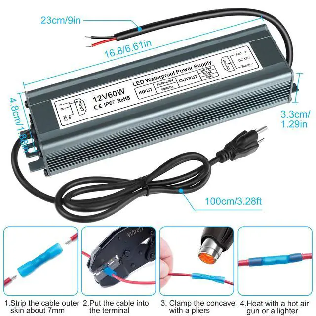 Alt view image 6 of 7 - KEHIPI 12V 60W Power Supply, LED Driver AC 90-265V to DC 12 Volt 5A IP67 Waterproof, Low Voltage Transformer, Outdoor Driver with 3-Prong Plug 3.3 Feet Cable for LED Light, Outdoor Use