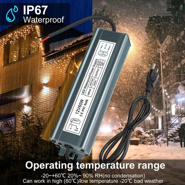 Alt view image 5 of 7 - KEHIPI 12V 60W Power Supply, LED Driver AC 90-265V to DC 12 Volt 5A IP67 Waterproof, Low Voltage Transformer, Outdoor Driver with 3-Prong Plug 3.3 Feet Cable for LED Light, Outdoor Use