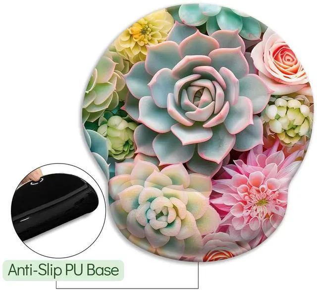 Alt view image 5 of 6 - KEHIPI Succulents Ergonomic Mouse Pad with Wrist Rest, Gaming Mouse Pad with Wrist Support, Funny Computer Mousepad with Non-Slip Pain Relief PU Base, Cute Office Desk Accessories Decor Supplies