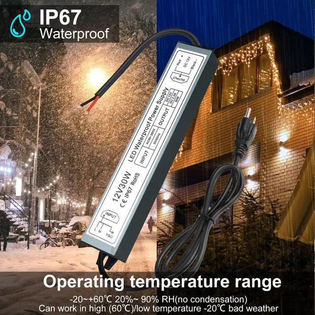 Alt view image 5 of 7 - KEHIPI 12V 30W Power Supply,LED Driver AC 90-265V to DC 12 Volt 2.5A IP67 Waterproof, Low Voltage Transformer, Outdoor Driver with 3-Prong Plug 3.3 Feet Cable for LED Light, Outdoor Use