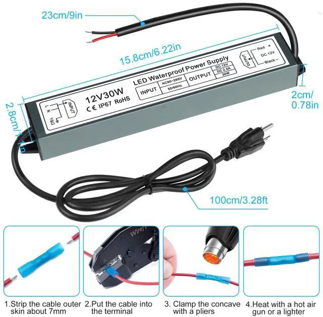 Alt view image 6 of 7 - KEHIPI 12V 30W Power Supply,LED Driver AC 90-265V to DC 12 Volt 2.5A IP67 Waterproof, Low Voltage Transformer, Outdoor Driver with 3-Prong Plug 3.3 Feet Cable for LED Light, Outdoor Use