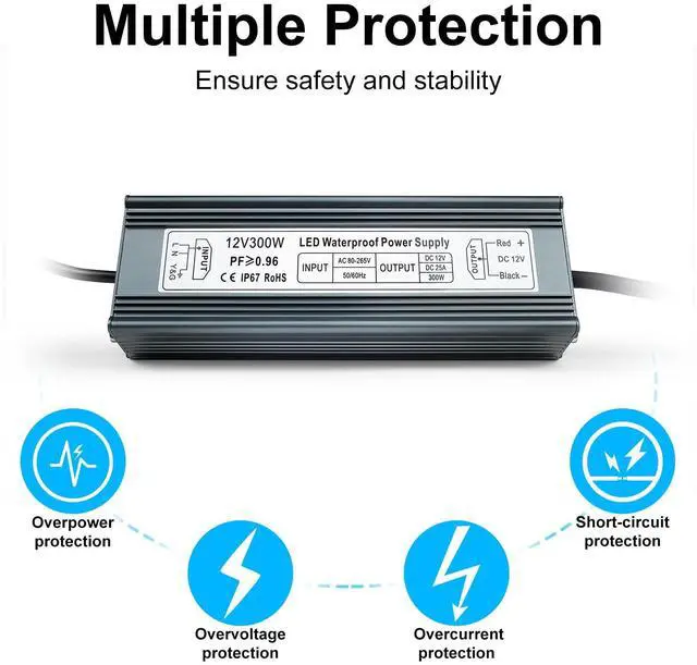 Alt view image 3 of 7 - KEHIPI 12V 300W Power Supply, AC 80-265V to DC 12 Volt 25A IP67 Waterproof LED Power Supply, Low Voltage Transformer, Outdoor Driver with 3-Prong Plug 3.3 Feet Cable for LED Light, Outdoor Use