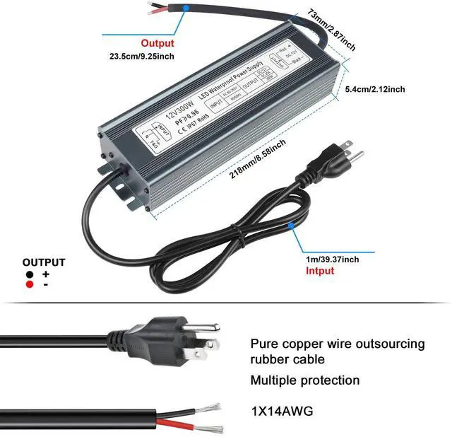 Alt view image 5 of 7 - KEHIPI 12V 300W Power Supply, AC 80-265V to DC 12 Volt 25A IP67 Waterproof LED Power Supply, Low Voltage Transformer, Outdoor Driver with 3-Prong Plug 3.3 Feet Cable for LED Light, Outdoor Use