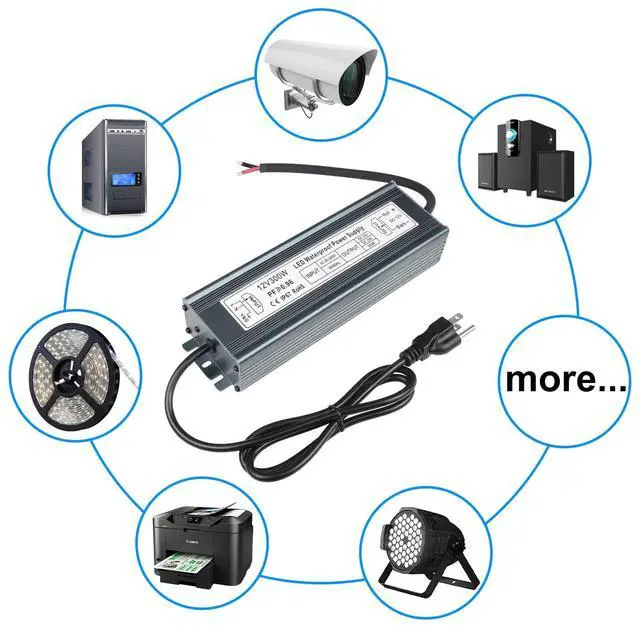 Alt view image 7 of 7 - KEHIPI 12V 300W Power Supply, AC 80-265V to DC 12 Volt 25A IP67 Waterproof LED Power Supply, Low Voltage Transformer, Outdoor Driver with 3-Prong Plug 3.3 Feet Cable for LED Light, Outdoor Use
