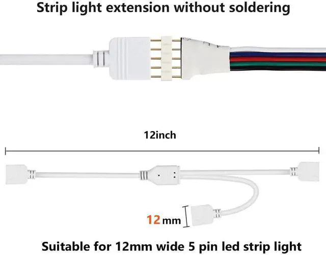 Alt view image 4 of 7 - KEHIPI LED Strip Splitter Connector 5 Pins 1 to 2 Y- Splitter Cables for 12 mm Wide 5050 3528 RGBW LED Light Strip with 6 Male 5-pin Plugs (2-Pack)