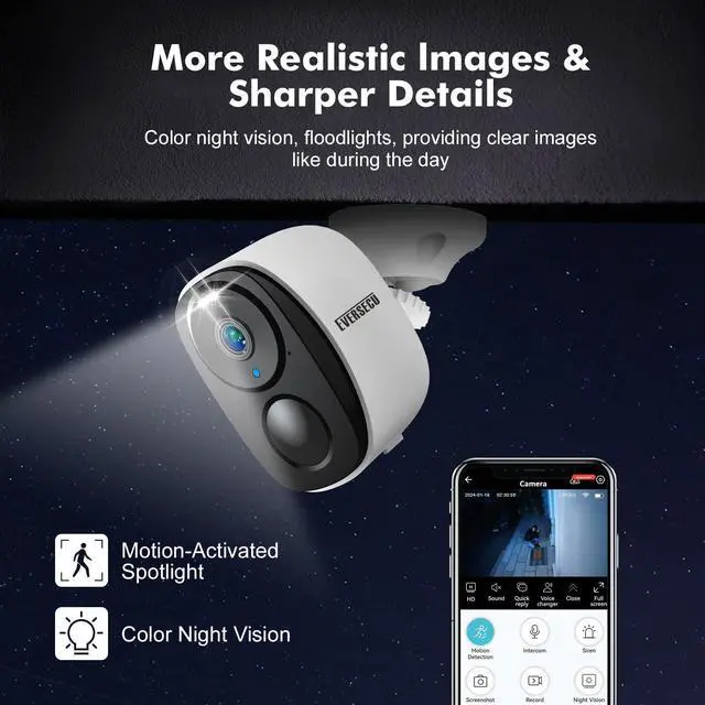 Alt view image 5 of 7 - KEHIPI 2K 3MP Solar-Powered Wireless Security Camera Support Pairing Via Bluetooth, Outdoor WiFi Home CCTV Bullet Camera, Spotlight, PIR Motion Detection, 2-Way Audio, Compatible with Alexa(4pack)