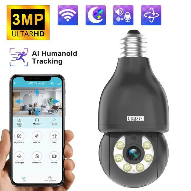 Alt view image 2 of 7 - KEHIPI HD 2K 3.0MP Wireless Light Bulb Security Camera with E27 Light Connector, Motion Auto Tracking, 2 Way Audio, Spotlight Night Vision, Free APP, WiFi Screw-in CCTV Camera, Black(4pack)