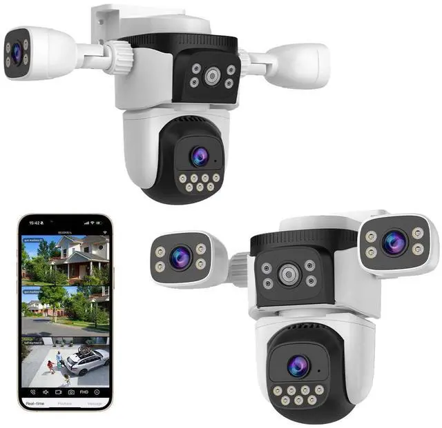 Main image of KEHIPI Triple Lens WiFi PTZ Security Camera, Three Cameras in One, Side Cameras with Adjustable All-Angle Arm, 2K 360° View No Blind Spot, Auto Tracking, Spotlight, 2 Way Audio2pack