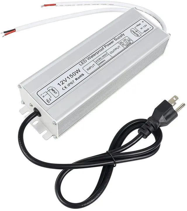 Main image of KEHIPI 12V LED Power Supply, 150W IP67 Waterproof Outdoor Driver,AC 80-265V to DC 12 Volt 12.5A Low Voltage Transformer, Adapter with 3-Prong Plug for LED Light, Computer Project, Outdoor Use
