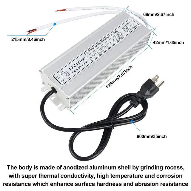 Alt view image 5 of 7 - KEHIPI 12V LED Power Supply, 150W IP67 Waterproof Outdoor Driver,AC 80-265V to DC 12 Volt 12.5A Low Voltage Transformer, Adapter with 3-Prong Plug for LED Light, Computer Project, Outdoor Use