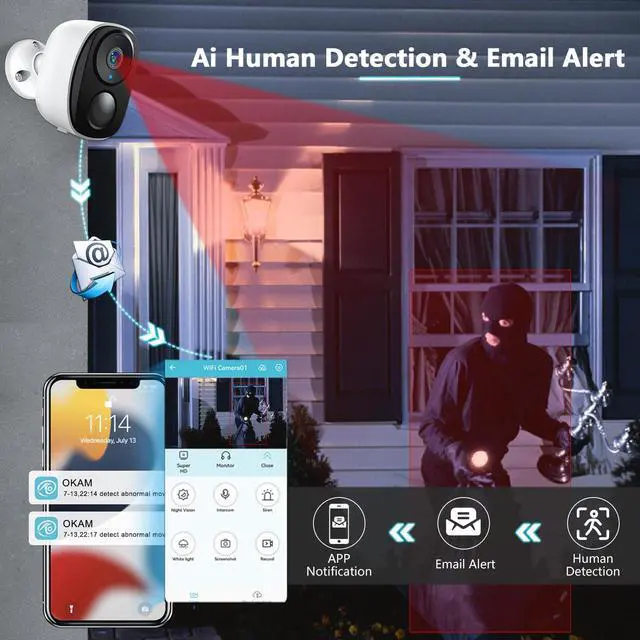 Alt view image 3 of 7 - KEHIPI 2K 3MP Outdoor Wireless Security Camera Support Pairing Via Bluetooth, Rechargeable Battery-Powered WiFi Home CCTV Bullet Camera, Spotlight, PIR Motion Detection, 2-Way Audio (4pack)