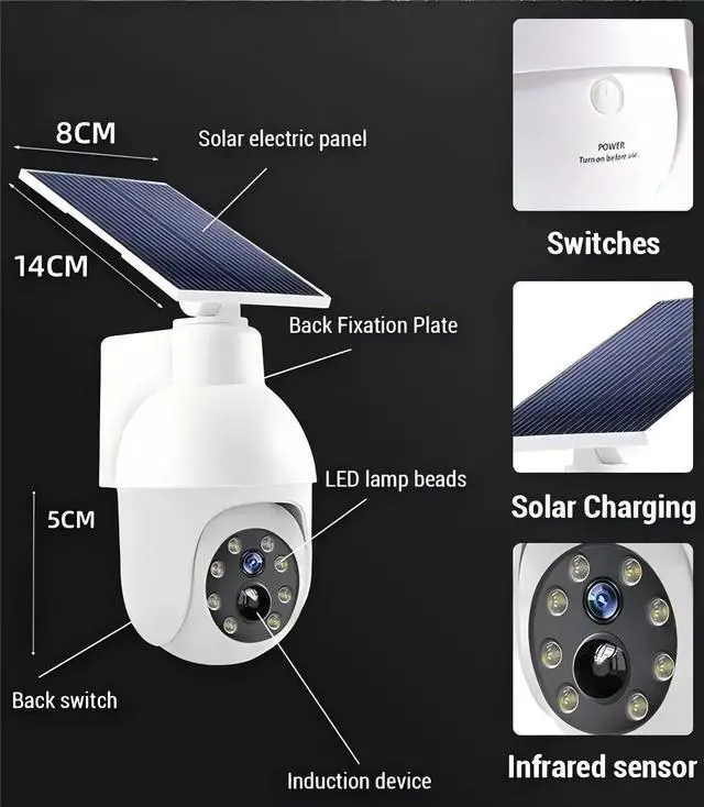 Alt view image 4 of 7 - KEHIPI 360-Degree Ultra-Bright Solar Light, Dummy CCTV Camera, Outdoor Motion Sensor Spotlight,IP66 Waterproof FloodLights, Wireless Decoy Fake PTZ Dome Security Camera for Porch Garden Patio Driveway
