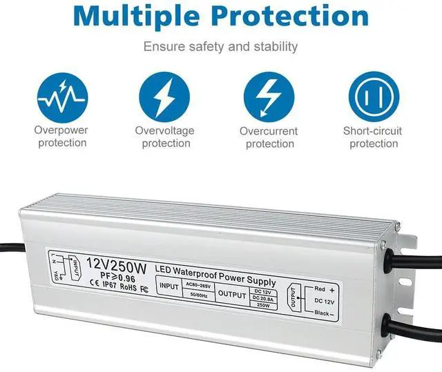Alt view image 2 of 7 - KEHIPI 12V LED Power Supply, IP67 250W Waterproof Power Supplies Driver, AC 110-260V to DC 12V 20.83A Outdoor Low Voltage Transformer, Adapter with 3-Prong Plug for LED Light, Outdoor Use