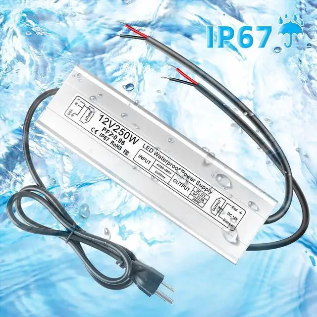 Alt view image 4 of 7 - KEHIPI 12V LED Power Supply, IP67 250W Waterproof Power Supplies Driver, AC 110-260V to DC 12V 20.83A Outdoor Low Voltage Transformer, Adapter with 3-Prong Plug for LED Light, Outdoor Use