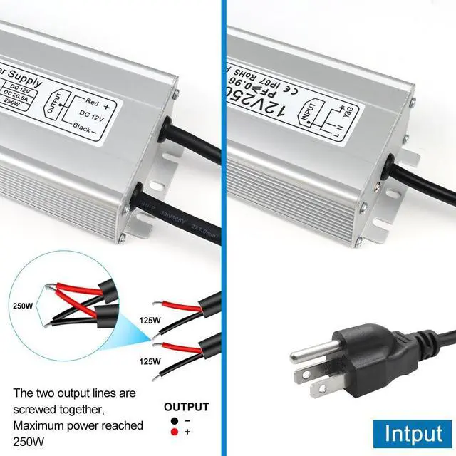 Alt view image 5 of 7 - KEHIPI 12V LED Power Supply, IP67 250W Waterproof Power Supplies Driver, AC 110-260V to DC 12V 20.83A Outdoor Low Voltage Transformer, Adapter with 3-Prong Plug for LED Light, Outdoor Use