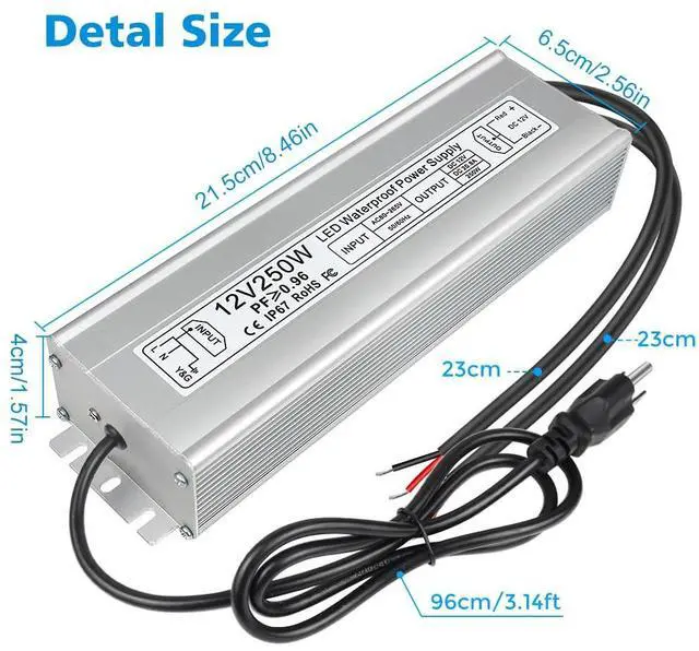 Alt view image 6 of 7 - KEHIPI 12V LED Power Supply, IP67 250W Waterproof Power Supplies Driver, AC 110-260V to DC 12V 20.83A Outdoor Low Voltage Transformer, Adapter with 3-Prong Plug for LED Light, Outdoor Use