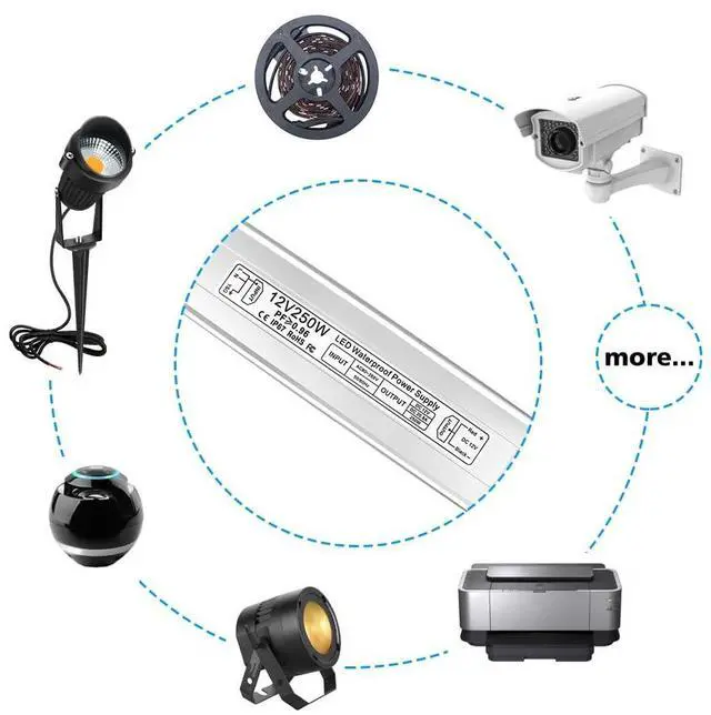 Alt view image 7 of 7 - KEHIPI 12V LED Power Supply, IP67 250W Waterproof Power Supplies Driver, AC 110-260V to DC 12V 20.83A Outdoor Low Voltage Transformer, Adapter with 3-Prong Plug for LED Light, Outdoor Use