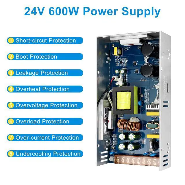 Alt view image 2 of 7 - KEHIPI 24V 25A 600W LED Power Supply, 100-240V AC to DC 24 Volt Universal Regulated Switching LED Driver, Transformer, Adapter for LED Strip Light, CCTV, Computer Project, 3D Printer etc