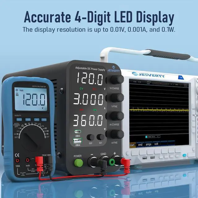 Alt view image 2 of 6 - KEHIPI DC Power Supply Variable, 0-120V 0-3A Switching Bench Power Supply with 20W USB & Type-C Quick-Charge, Encoder Corase & Fine Adjustment Knob, Output Switch, 4-Digit LED Display - SPS-12003V