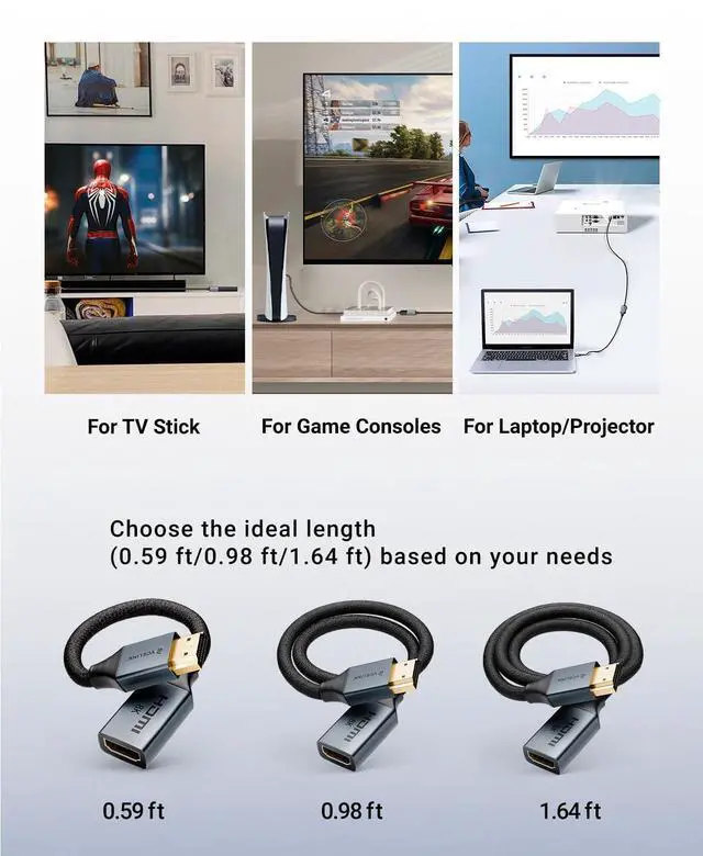 Alt view image 7 of 7 - KEHIPI 8K Short HDMI Extender Cable 0.6 FT Ideal for Tight Spaces, HDMI Extension Male to Female Adapter, Compatible with Roku TV Stick, HDTV, Game Console, Laptop (1 Pack, 2 FT)