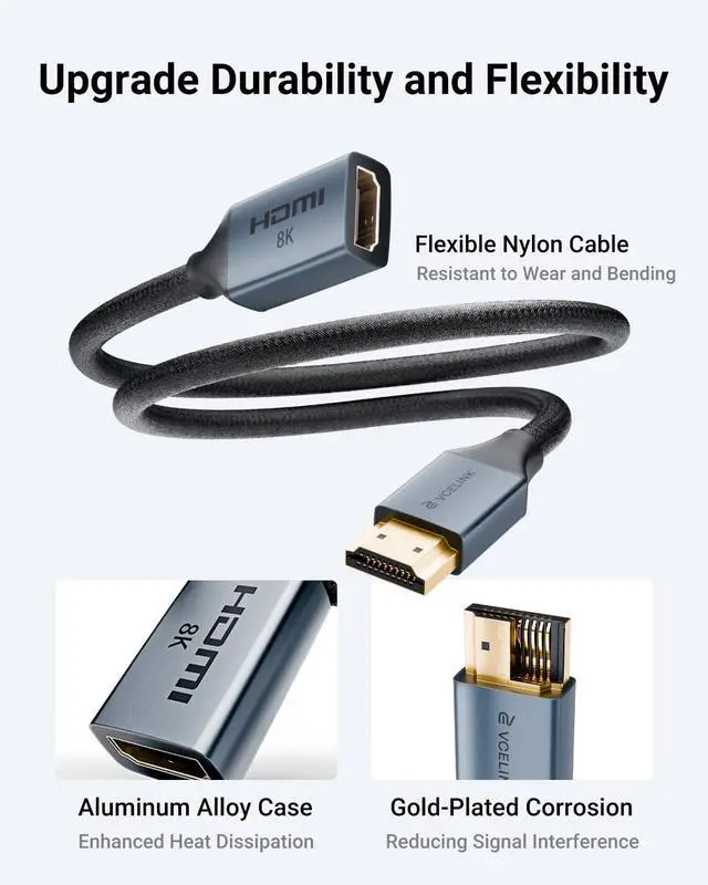 Alt view image 6 of 7 - KEHIPI 8K Short HDMI Extender Cable 0.6 FT Ideal for Tight Spaces, HDMI Extension Male to Female Adapter, Compatible with Roku TV Stick, HDTV, Game Console, Laptop (1 Pack, 2 FT)