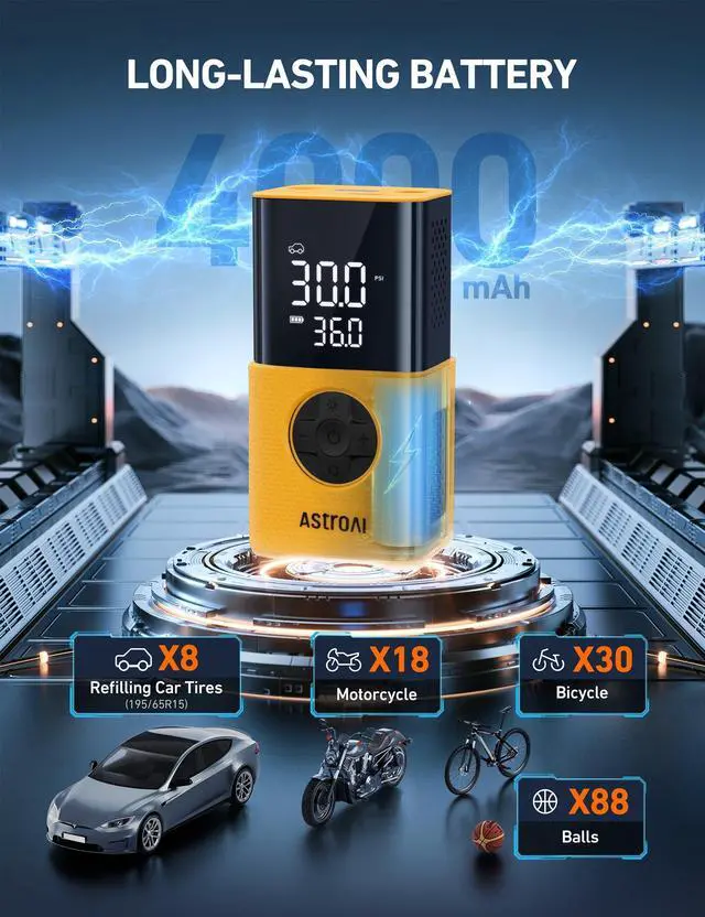 Alt view image 3 of 7 - KEHIPI Tire Inflator L7S Portable Air Compressor Cordless Bike Air Pump with Digital Dual Values Display, 150 PSI Car Tires Pump with LED Lights Air Pump for Auto, Motorcycles, Bikes, Balls