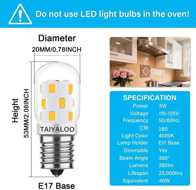 Alt view image 3 of 7 - KEHIPI LED Microwave Light Bulbs Under Hood 40W Equivalent, E17 LED Bulb Dimmable for Stove Top, Refrigerator, Appliance, Range Hood, 4000K Natural White, 120V 3W 380LM, E17 Intermediate Base, Pack