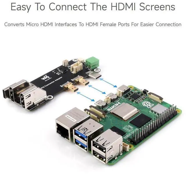 Alt view image 5 of 7 - KEHIPI Micro HDMI to HDMI Multifunctional Adapter, Compatible with Raspberry Pi 5/4B, Dual 4K Outputs, Power Via Type-C Port or Screw Terminal