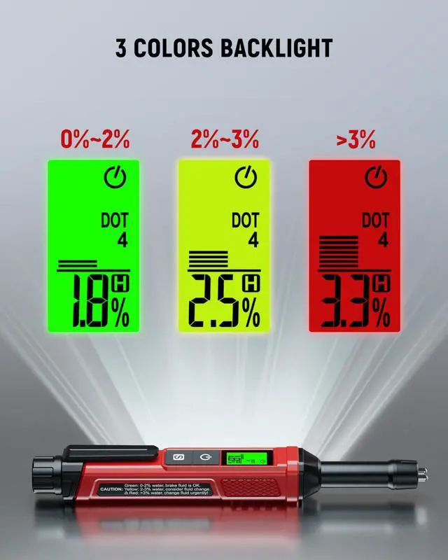 Alt view image 4 of 7 - KEHIPI Brake Fluid Tester Pen with Corrosion Resistance Probe, High-Precision Brake Fluid Moisture Tester with Data Hold Function, Buzzer Alarm, 3 Colors Backlight, Calibrated for DOT3, DOT4, DOT5.1