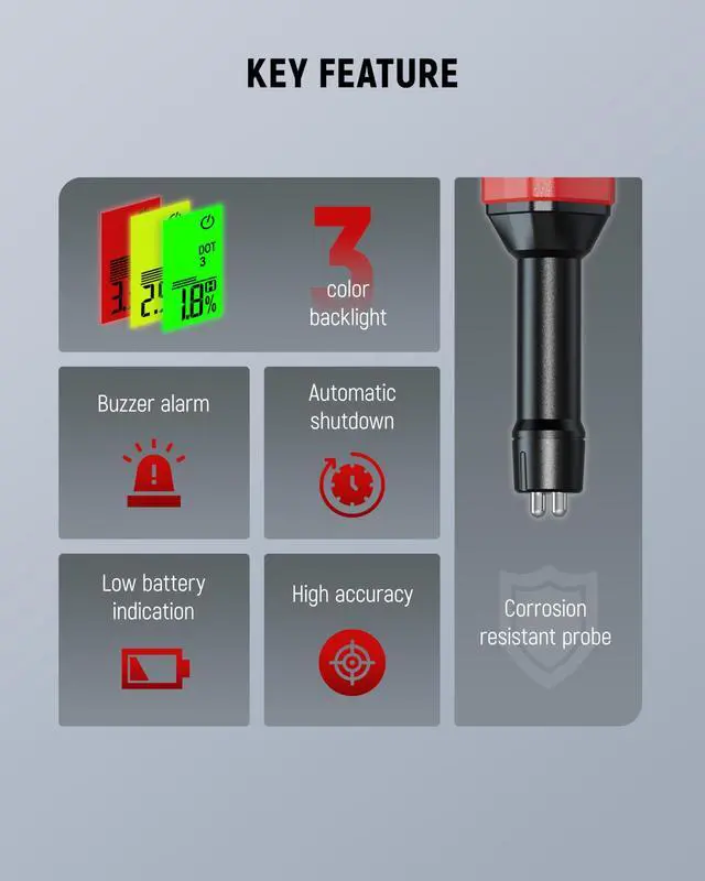 Alt view image 6 of 7 - KEHIPI Brake Fluid Tester Pen with Corrosion Resistance Probe, High-Precision Brake Fluid Moisture Tester with Data Hold Function, Buzzer Alarm, 3 Colors Backlight, Calibrated for DOT3, DOT4, DOT5.1
