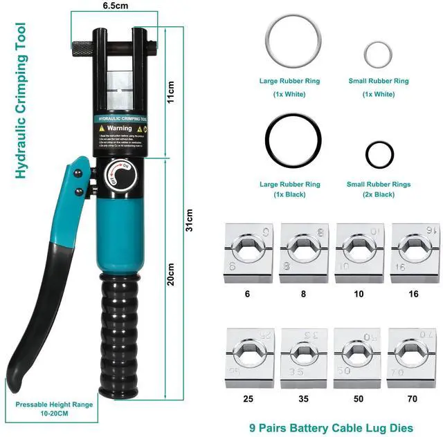 Alt view image 2 of 7 - KEHIPI 10-Ton Hydraulic Crimping Tool with 9 Dies - Battery Cable Crimper Tool & Wire Rope Crimping Tool for 12 AWG to 2/0 AWG, 1/16" 1/8" 3/16" Stainless Steel Cable Railing Tool, Hydraulic Crimper