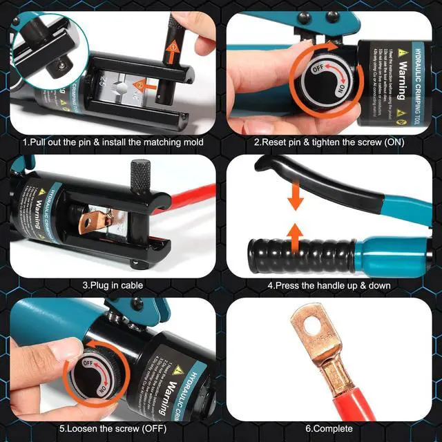 Alt view image 7 of 7 - KEHIPI 10-Ton Hydraulic Crimping Tool with 9 Dies - Battery Cable Crimper Tool & Wire Rope Crimping Tool for 12 AWG to 2/0 AWG, 1/16" 1/8" 3/16" Stainless Steel Cable Railing Tool, Hydraulic Crimper