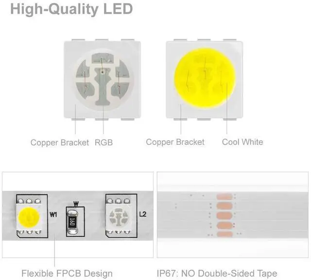 Alt view image 2 of 7 - KEHIPI 5050 RGBW RGB+Cool White(6000K-7000K) 150RGB+150White LED Tape Light 5m 16.4ft 60LED/m Multi-Colored IP67 12mm Width FPCB DC12V for Bedroom Home Decoration(No Adapter or Controller)