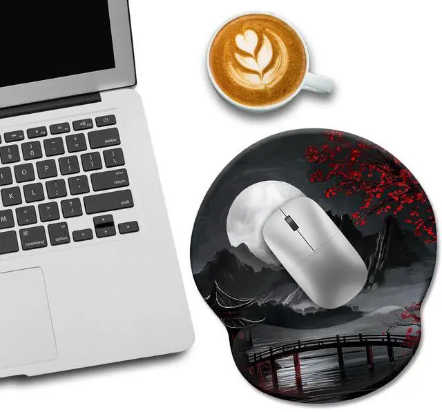 Alt view image 3 of 6 - KEHIPI Japanese Mouse Pad with Wrist Rest, Full Moon Ergonomic Mouse Pad Wrist Support with Non-Slip Pain Relief PU Base, Funny Computer Mousepad, Japanese Style Office Home Desk Accessories Decor